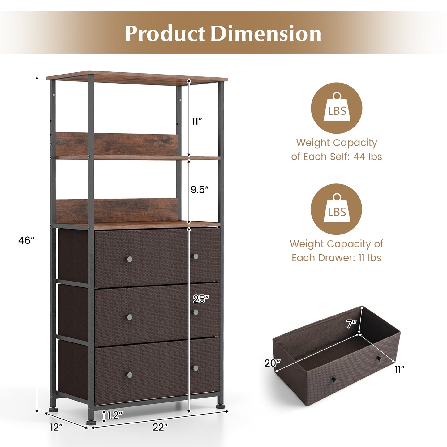 Chest of Fabric Drawer with 3 Folding Fabric Drawers and Anti-tipping Devices-Brown