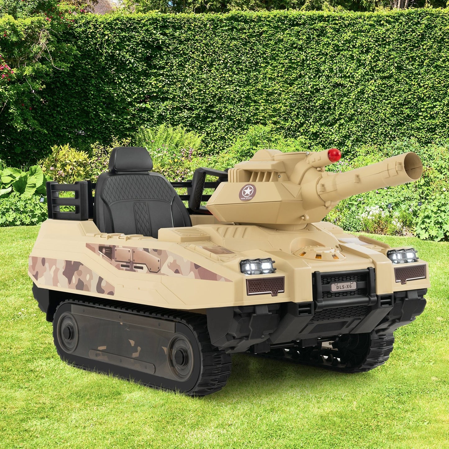 12V Electric Kids Ride On Tank with Rotatable Turret and 8 Missiles for Kids Aged 37-95 Months Old-Khaki