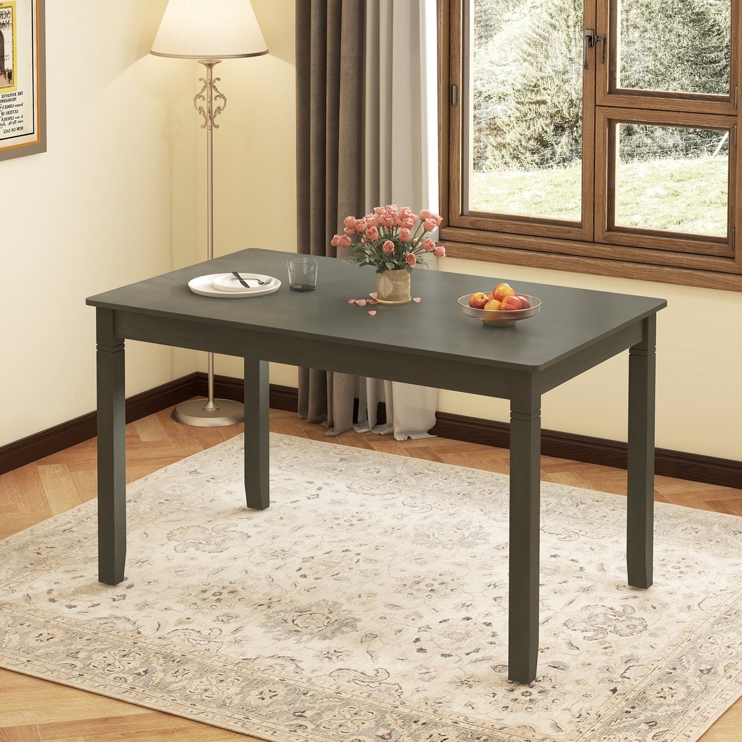 48-Inch Wooden Dining Table for 4 People Rectangular Kitchen Table with Rubber Wood Legs-Black