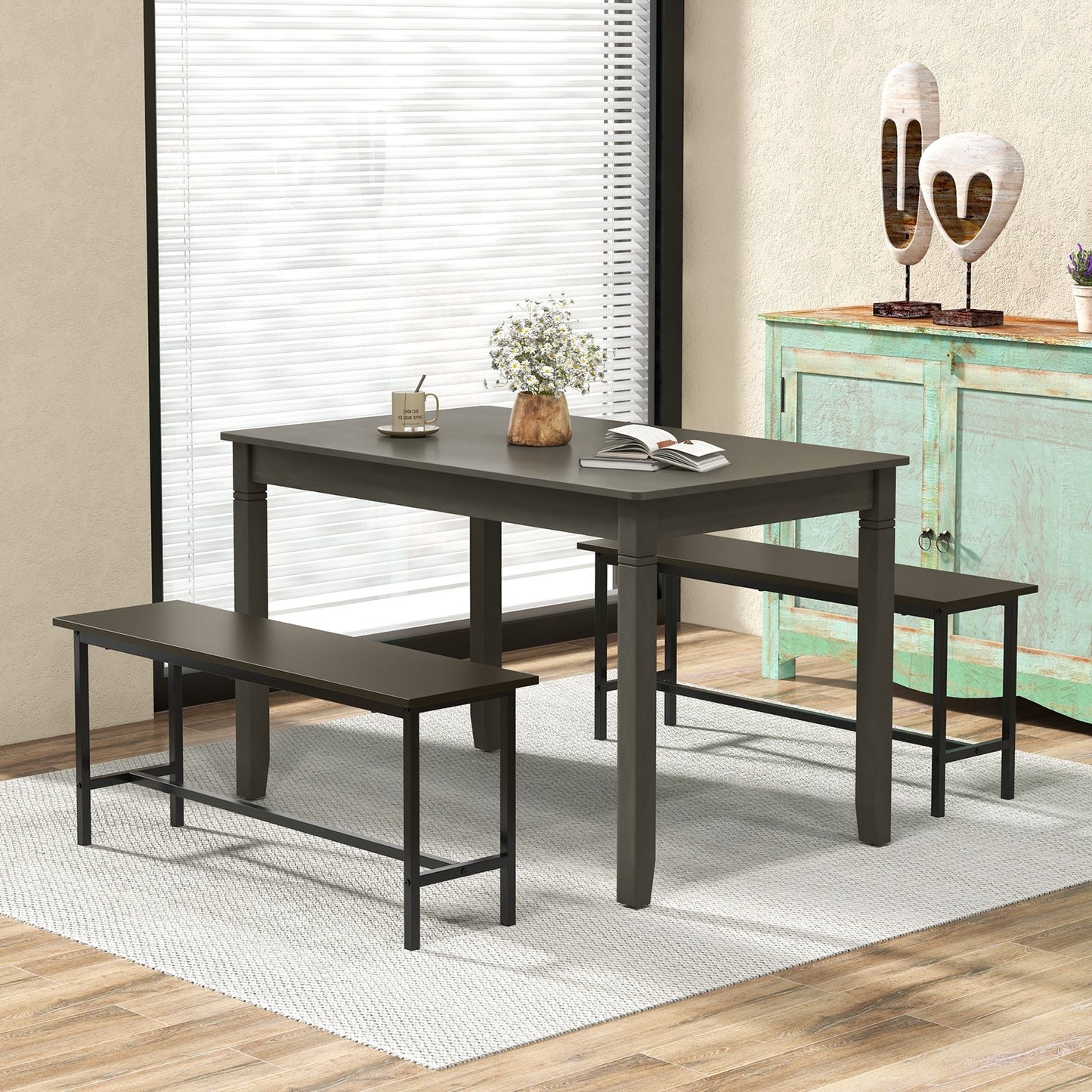 48-Inch Wooden Dining Table for 4 People Rectangular Kitchen Table with Rubber Wood Legs-Black