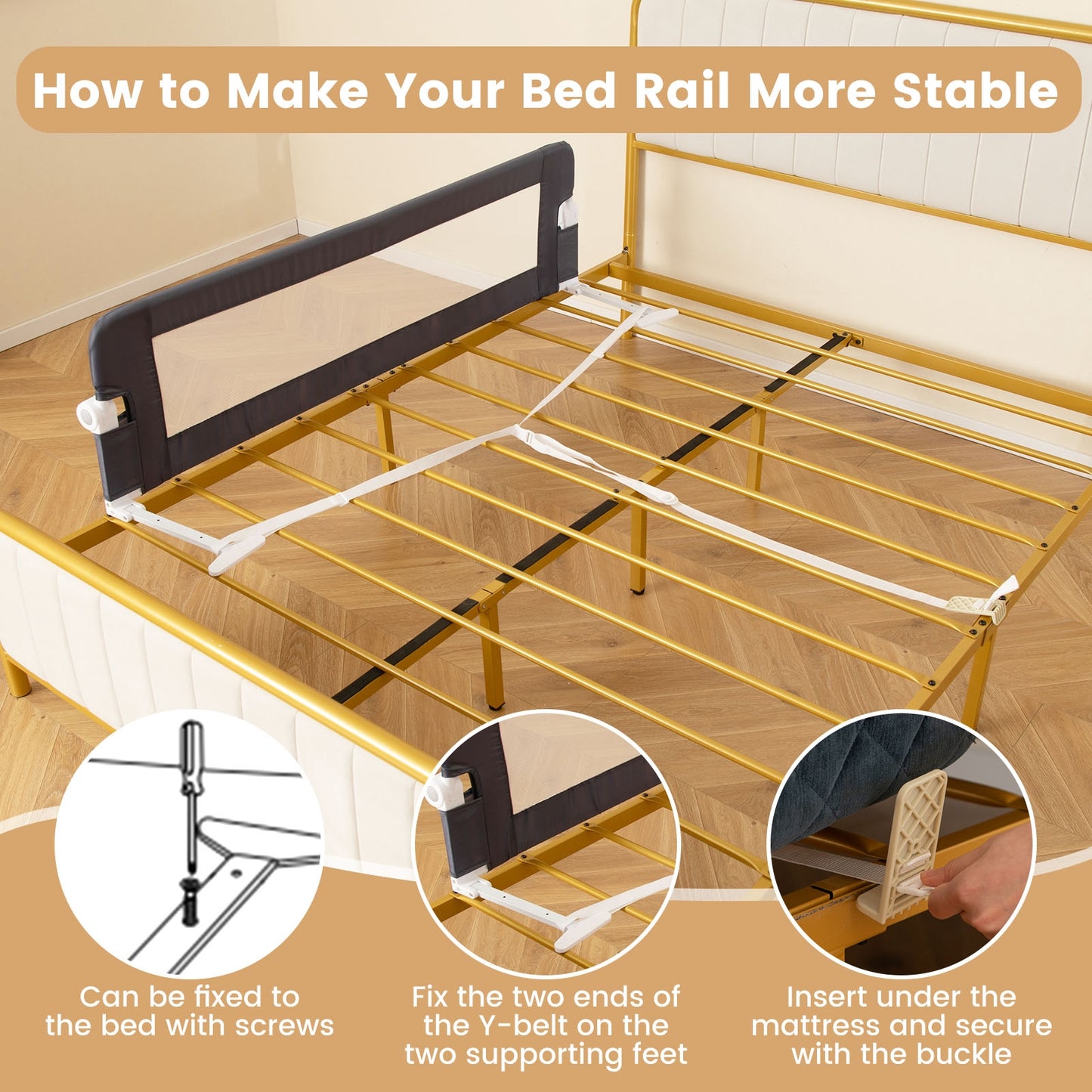 60-Inch Foldable Bed Rail Swing Down Baby Bed Guard Rail with Adjustable Safety Strap-Grey