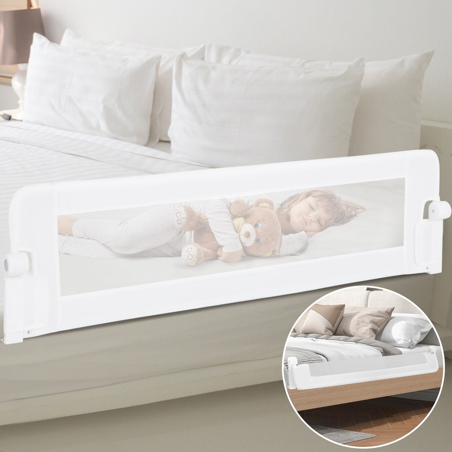 60-Inch Foldable Bed Rail Swing Down Baby Bed Guard Rail with Adjustable Safety Strap-White