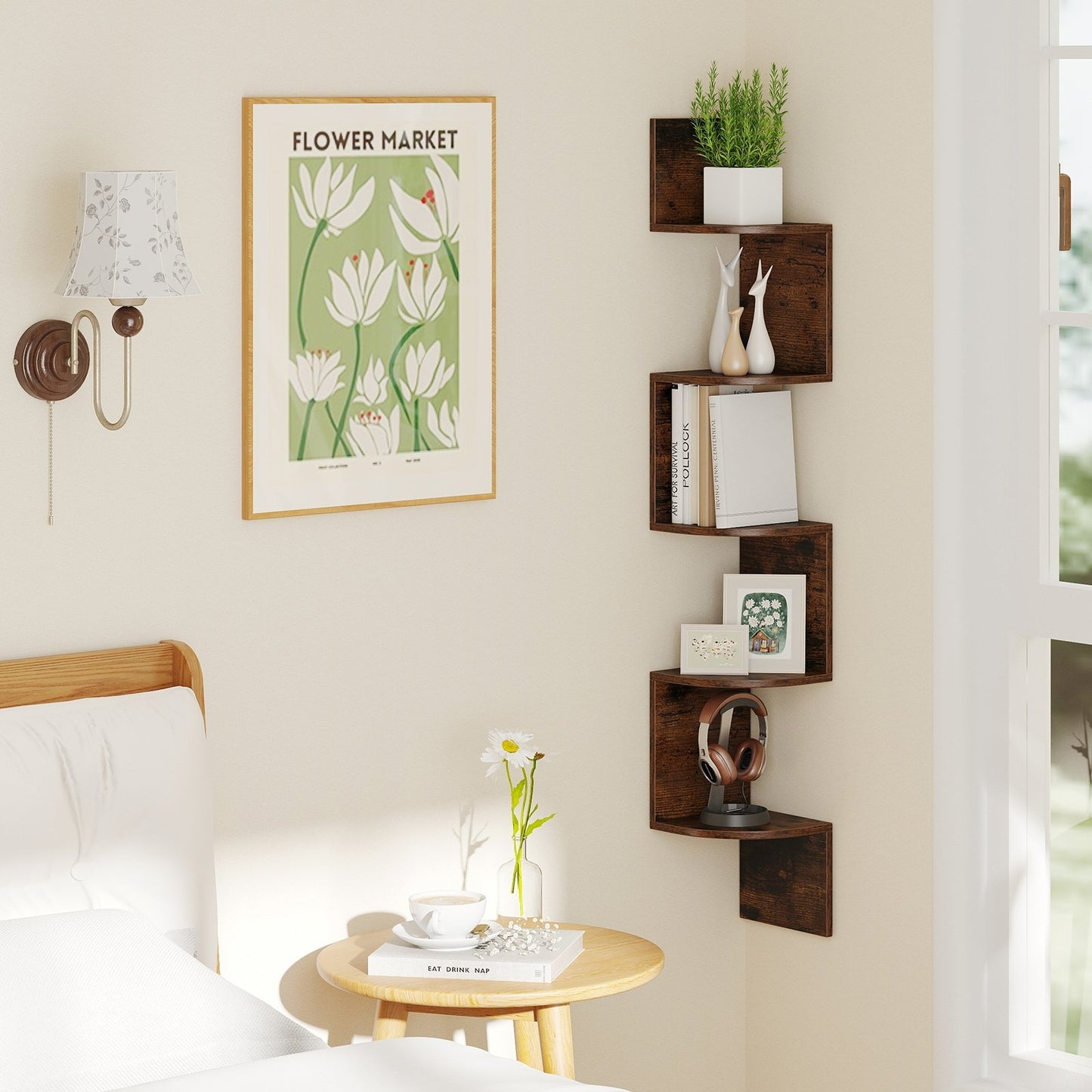 5-Tier Corner Shelf Floating Bookshelf Wall Mounted Storage Organizer-Oak