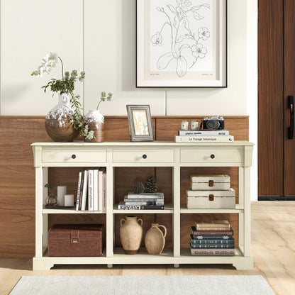 58 Inch Retro Console Table with 3 Drawers and Open Shelves Rectangular Entryway Table-Blue