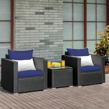 3 Pieces Patio Wicker Conversation Set with Cushion-Black