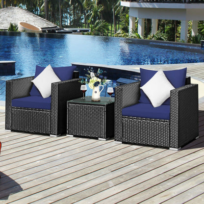 3 Pieces Patio Wicker Conversation Set with Cushion-Black