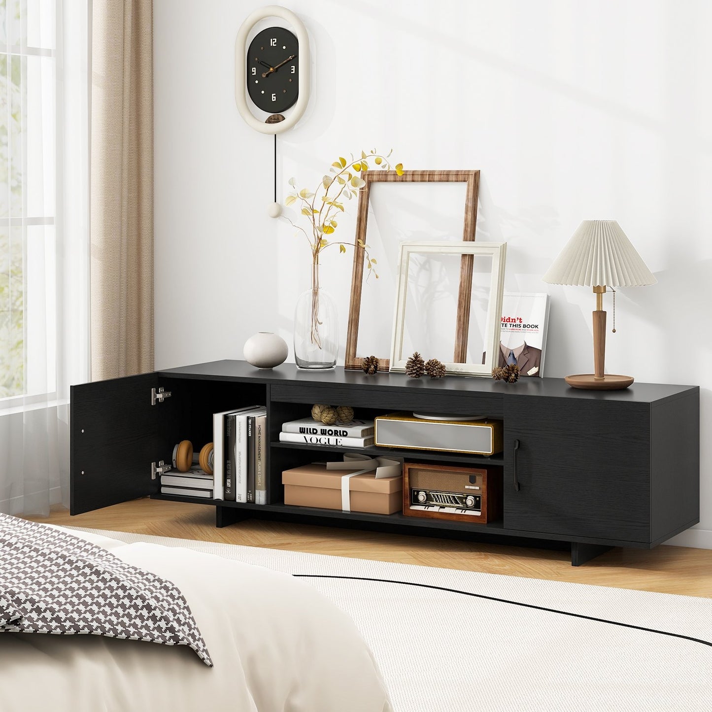 TV Stand with Power Outlet and 2 Cable Holes for 65 Inch TVs-Black