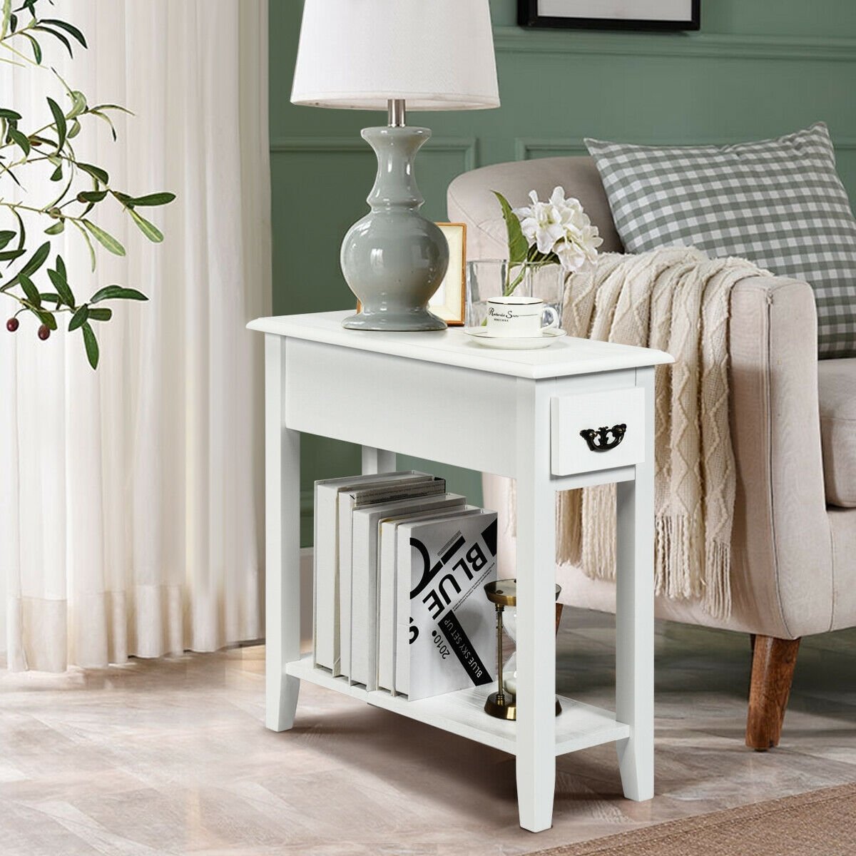 2 Tier End Bedside Sofa Side Table Narrow Nightstand-Black