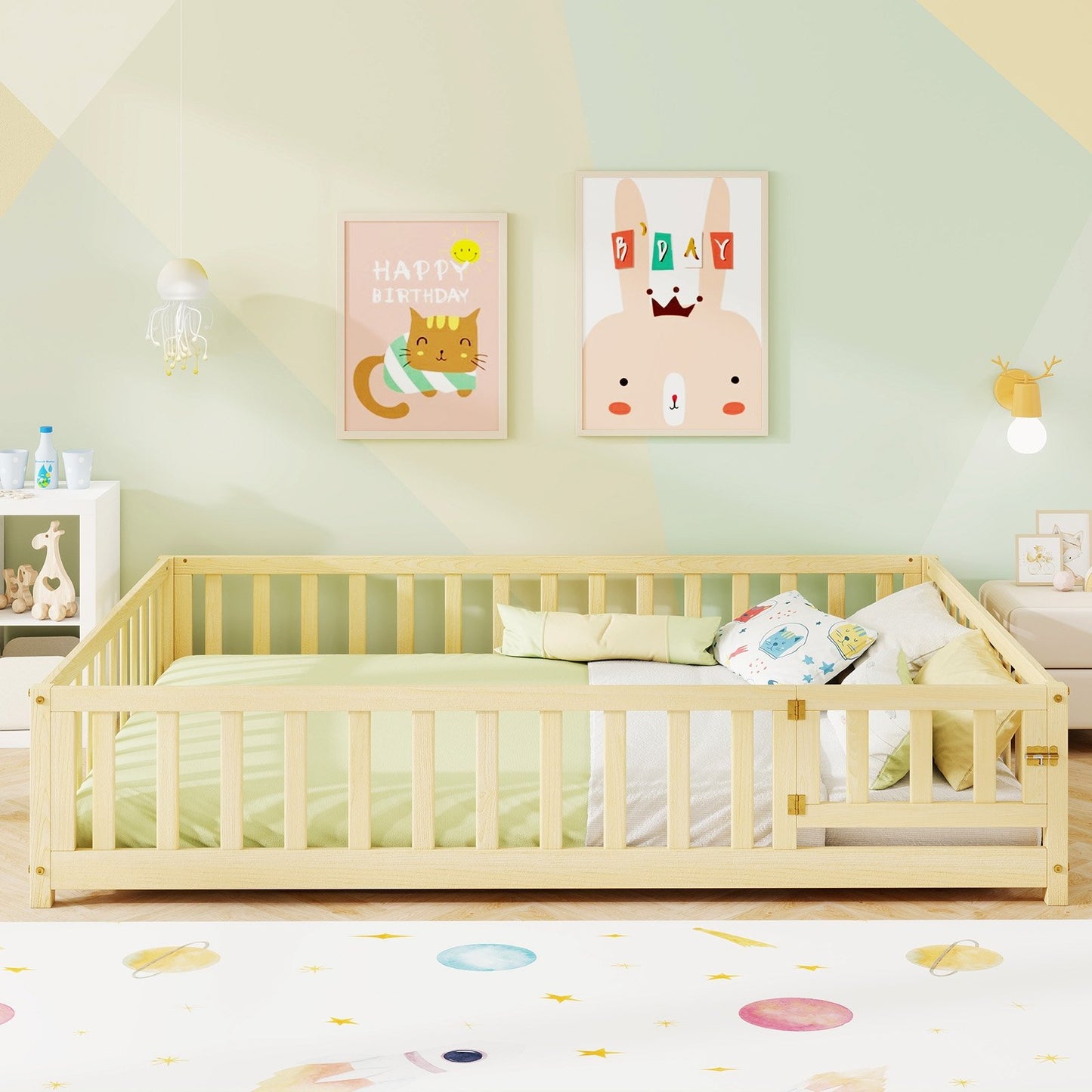 Montessori Bed Frame with Full-length Guardrails Safety Door and Latch-Gray