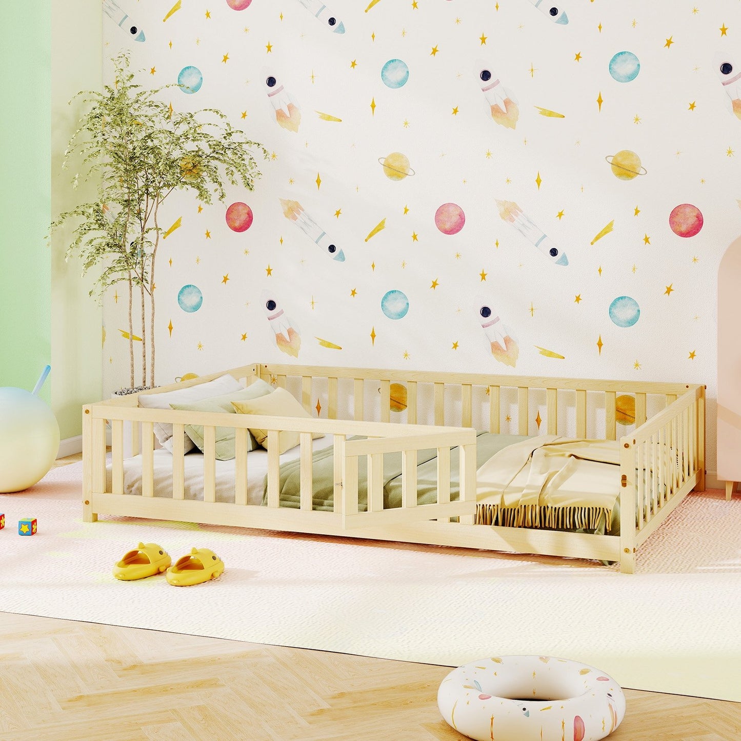 Montessori Bed Frame with Full-length Guardrails Safety Door and Latch-Gray