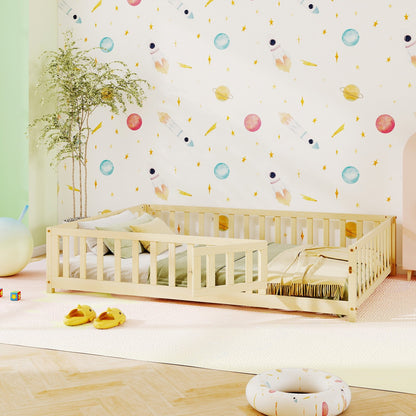 Montessori Bed Frame with Full-length Guardrails Safety Door and Latch-Gray