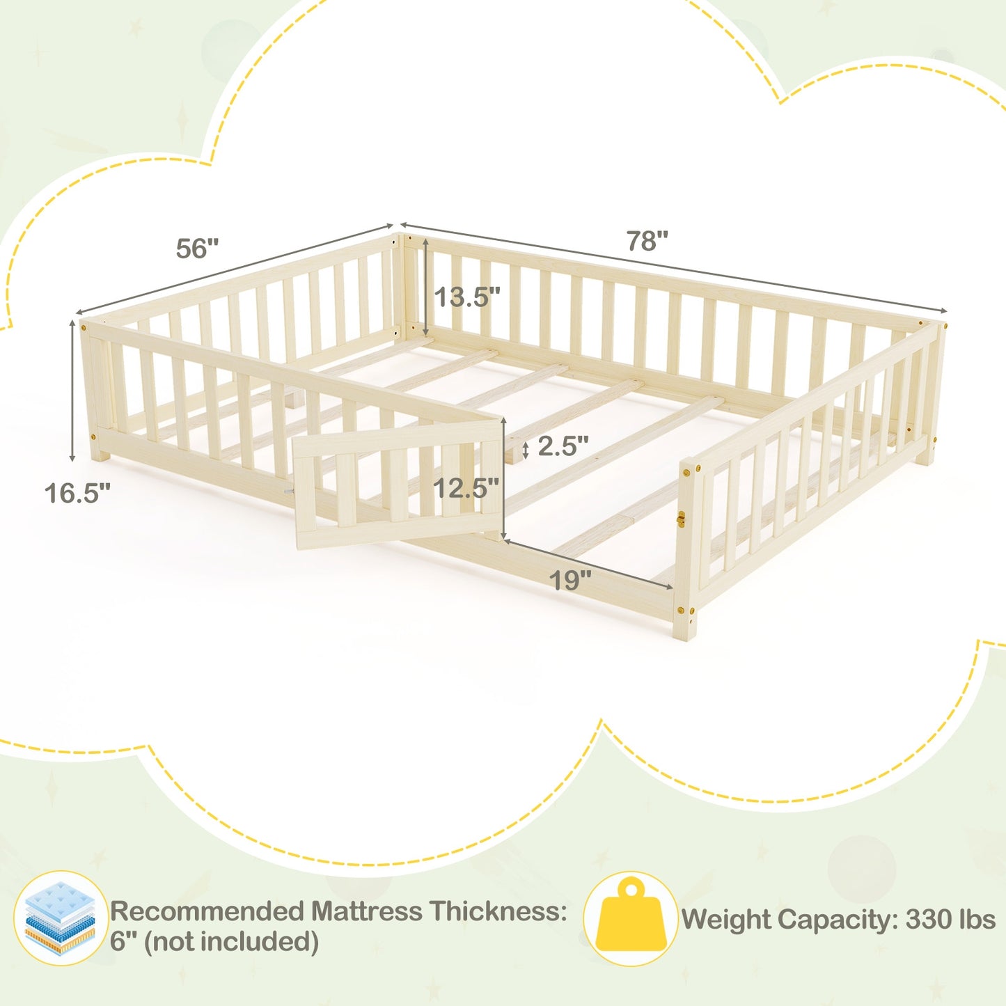 Montessori Bed Frame with Full-length Guardrails Safety Door and Latch-Gray