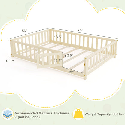 Montessori Bed Frame with Full-length Guardrails Safety Door and Latch-Gray
