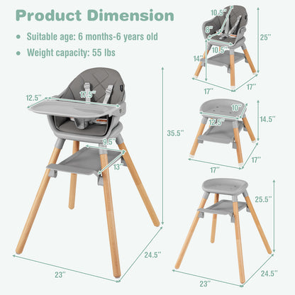 6 in 1 Convertible Highchair with Safety Harness and Removable Tray-Gray