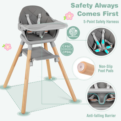 6 in 1 Convertible Highchair with Safety Harness and Removable Tray-Gray