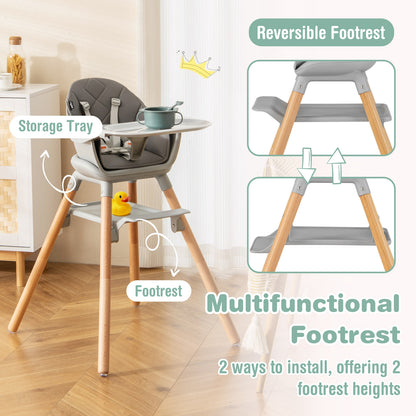 6 in 1 Convertible Highchair with Safety Harness and Removable Tray-Gray