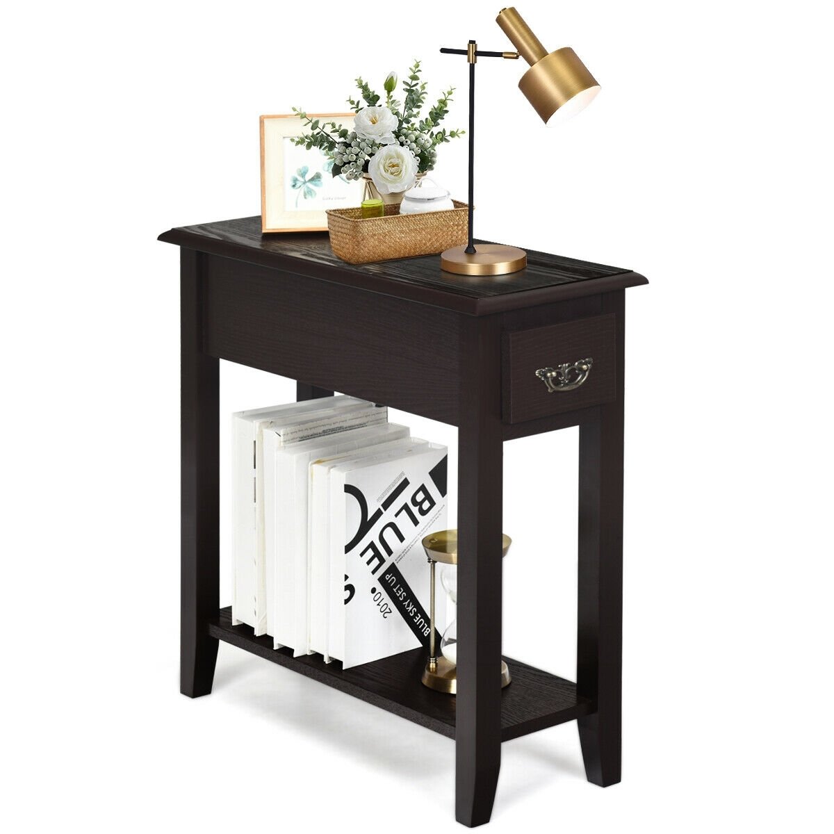 2 Tier End Bedside Sofa Side Table Narrow Nightstand-Black