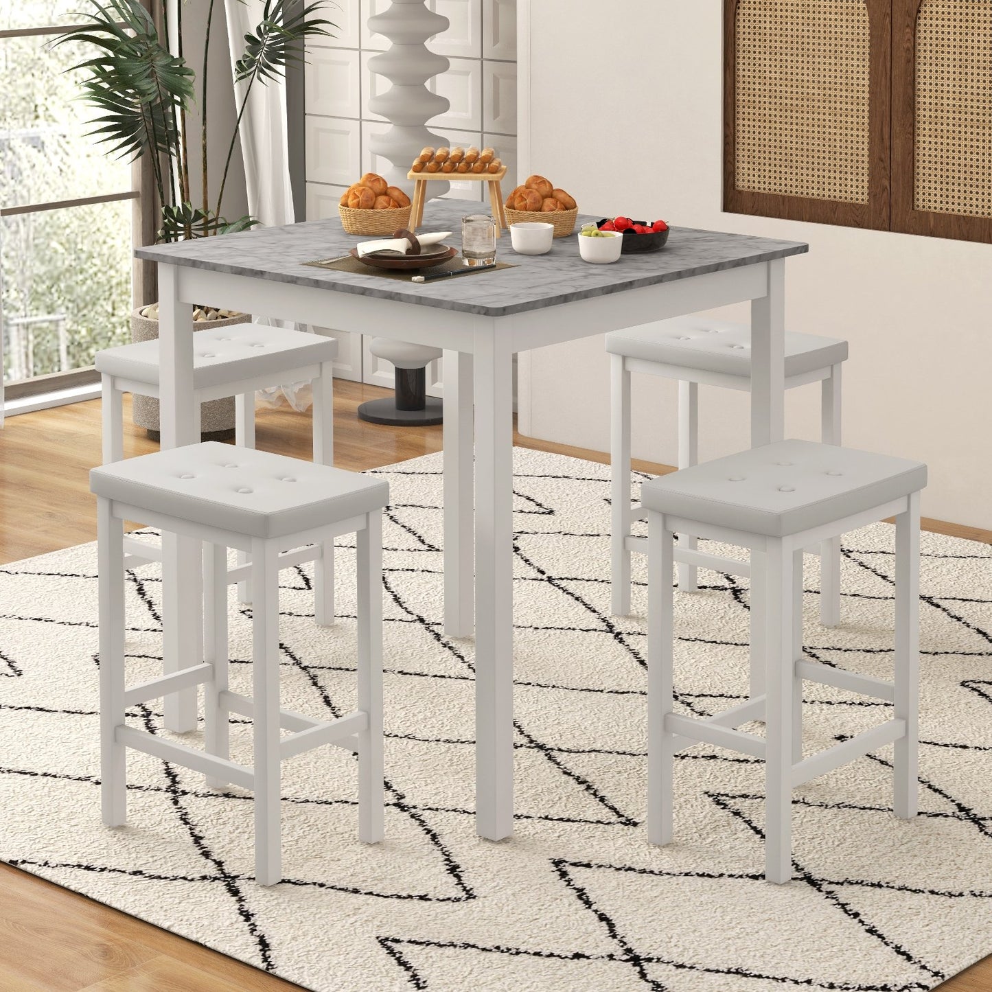 5 Pieces Bar Table Set Counter-Height Dining Table and 4 Bar Stools-Brown