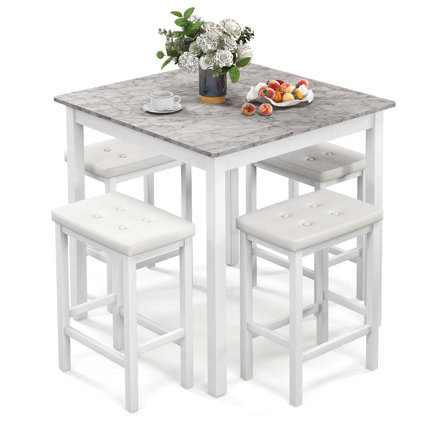 5 Pieces Bar Table Set Counter-Height Dining Table and 4 Bar Stools-Brown