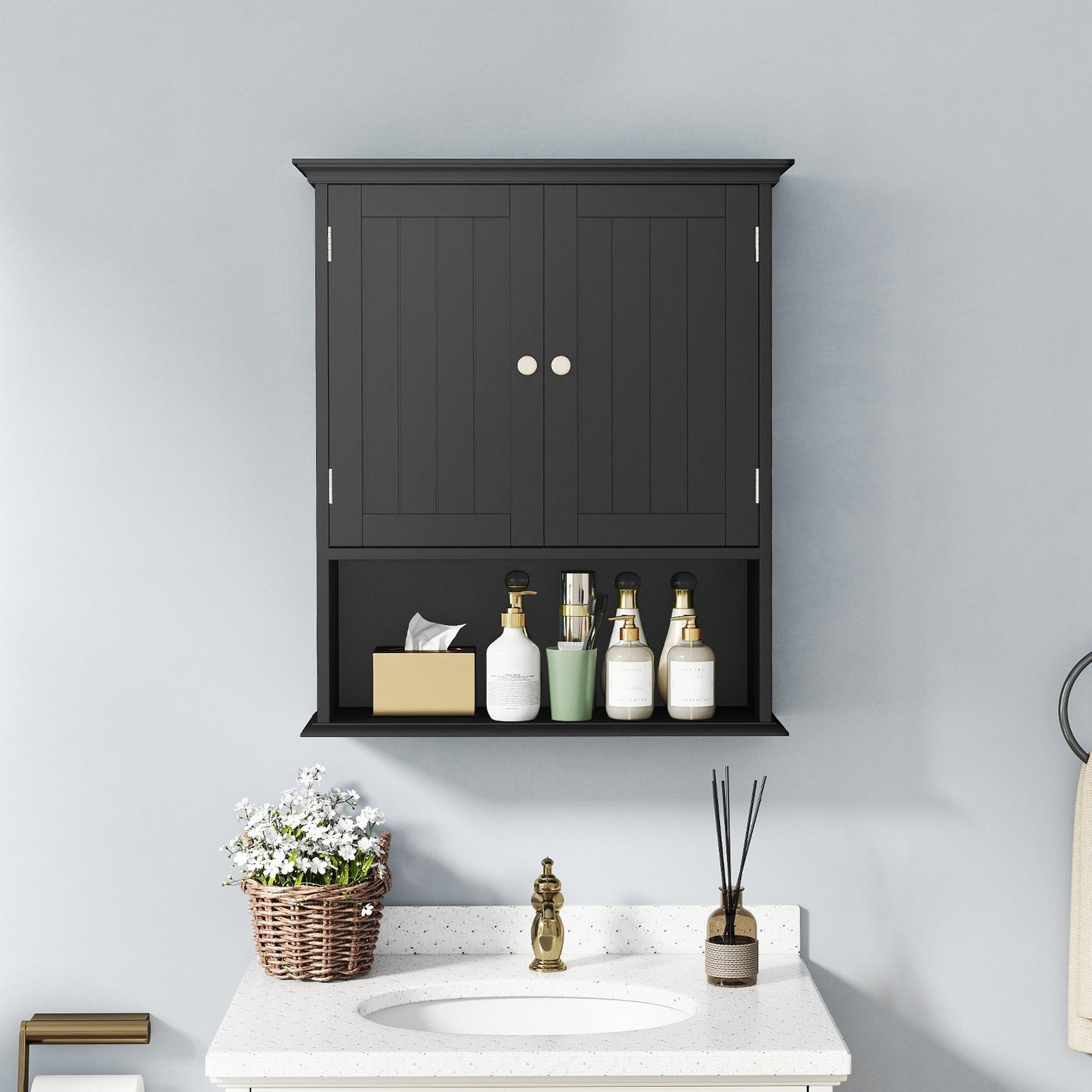 Wall Mount Bathroom Cabinet Storage Organizer with Doors and Shelves-Black
