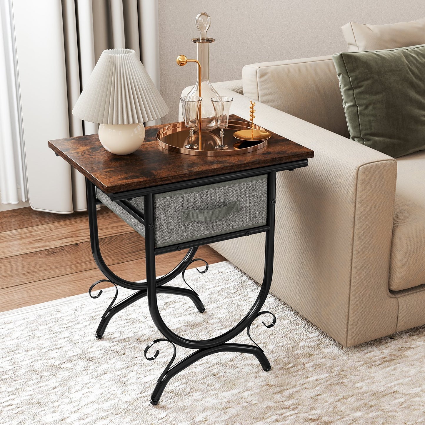 Side Table with Fabric Drawer and Carved Metal Frame for Living Room