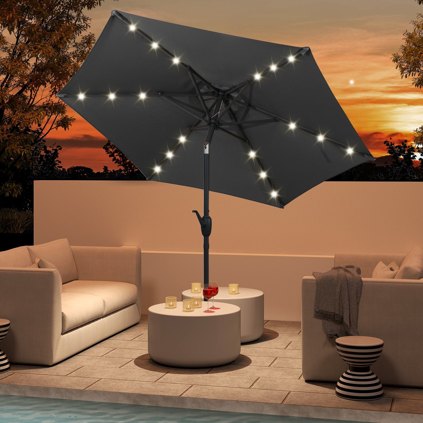 7.5 Feet Solar Powered Patio Umbrella with LED Lights and Crank Handle-Beige