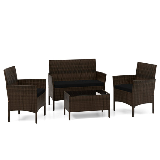 4 Piece Patio Rattan Conversation Set with Cozy Seat Cushions-Black