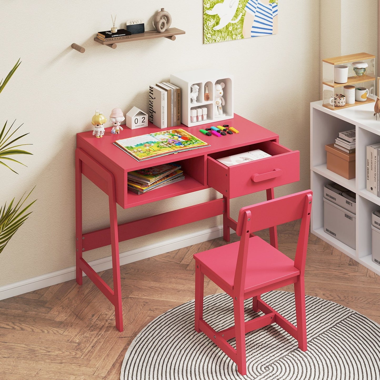 Kids Desk and Chair Set with Storage Drawer and Hutch-Brown