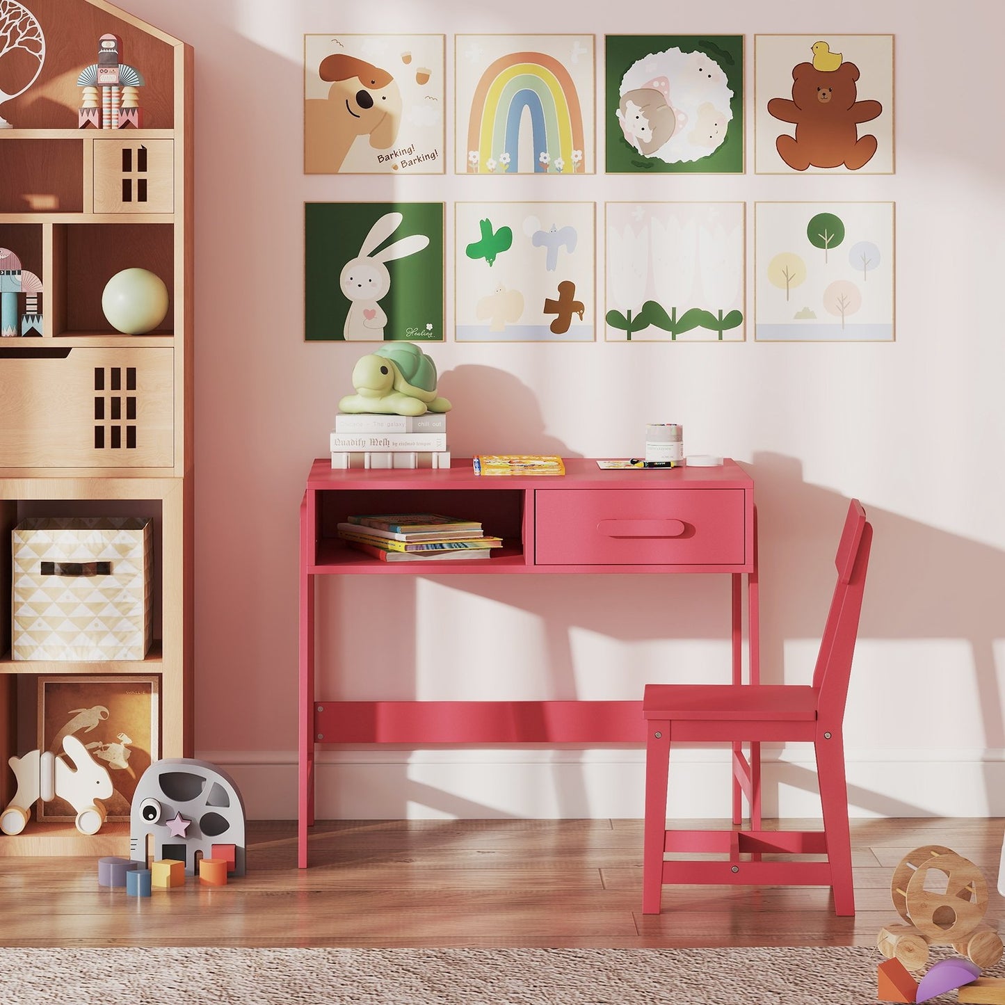 Kids Desk and Chair Set with Storage Drawer and Hutch-Brown