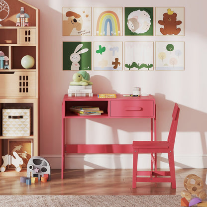Kids Desk and Chair Set with Storage Drawer and Hutch-Brown