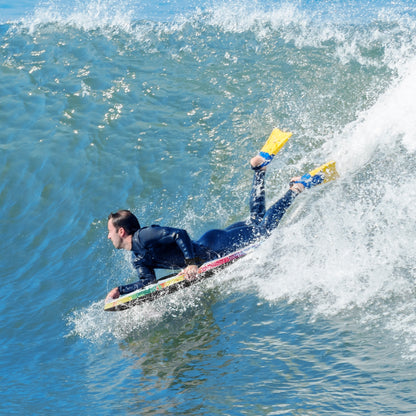 Lightweight multicolor 33/37/41-inch body board with EPS core, XPE deck, and HDPE bottom for surfing and water sports.