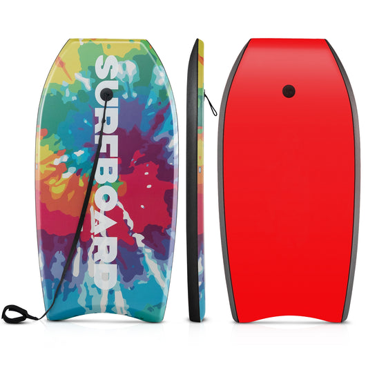 Lightweight multicolor bodyboard with EPS core, XPE deck, and HDPE bottom, suitable for water sports and surfing.