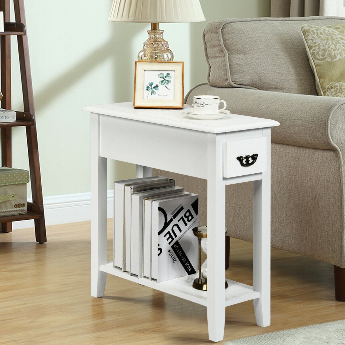 2 Pieces 2 Tier Sofa Side End Table with Drawer and Open Shelf-Black