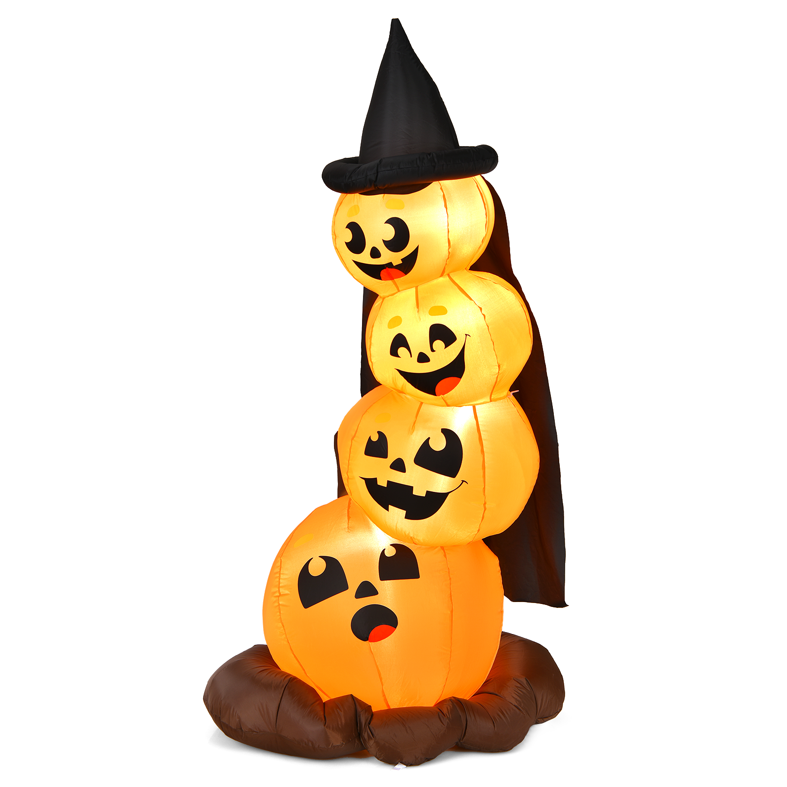 7-foot Halloween inflatable pumpkin with witch's hat and LED lights, festive outdoor decor for Halloween celebrations.
