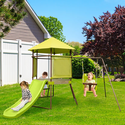4-in-1 Swing Set with Covered Playhouse Fort and Height Adjustable Baby Seat-Green