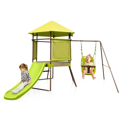 4-in-1 Swing Set with Covered Playhouse Fort and Height Adjustable Baby Seat-Green