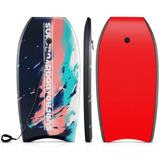 Lightweight multicolor body board with EPS core, XPE deck, and HDPE bottom for water sports and surfing.