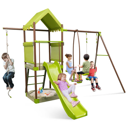 7-in-1 Kids Outdoor Metal Playset with Wave Slide and Climbing Rope-Green