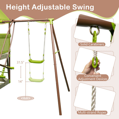 7-in-1 Kids Outdoor Metal Playset with Wave Slide and Climbing Rope-Green