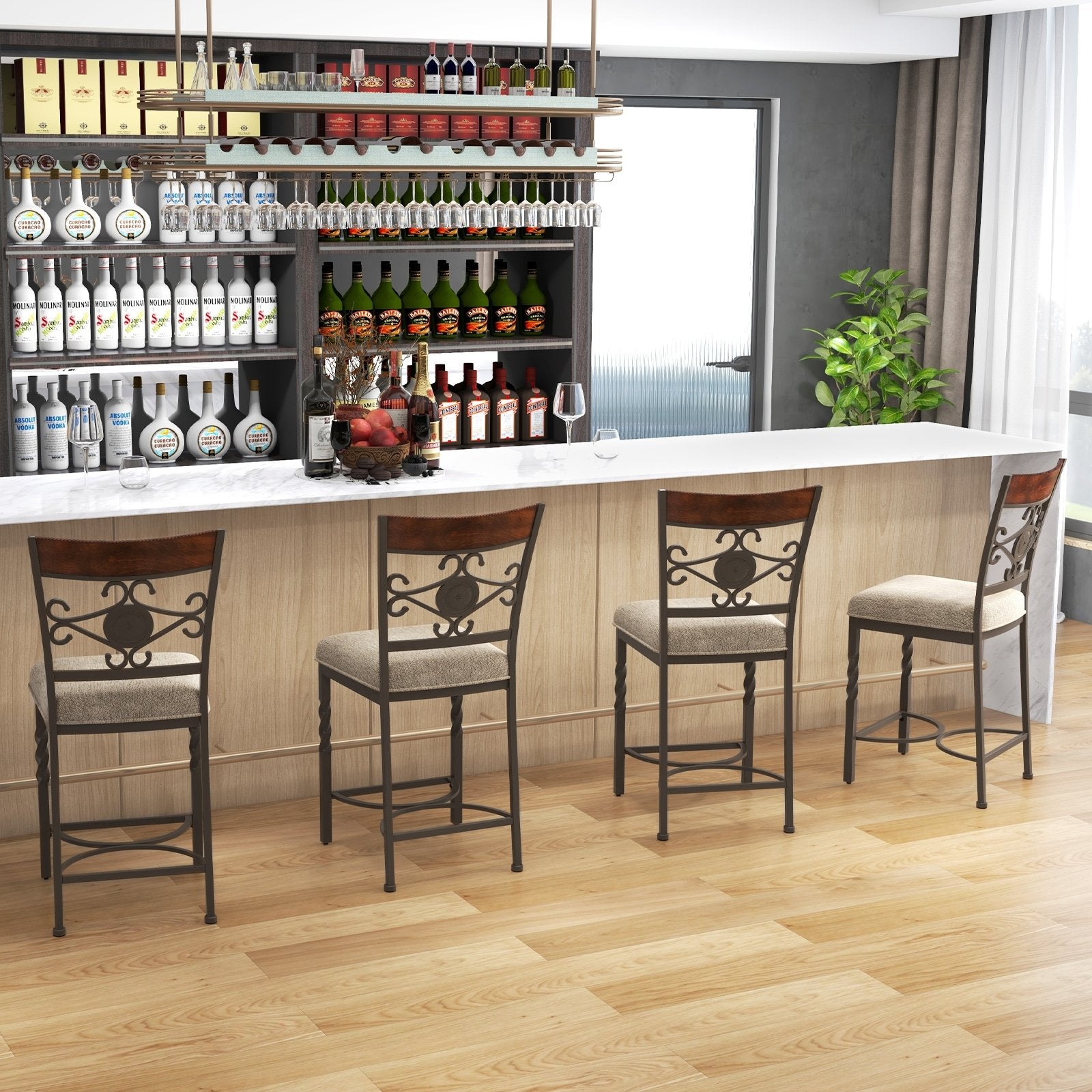 Set of 2 25-inch brown bar stools with rust-proof metal frames and soft sponge seats, ideal for kitchen and dining areas.