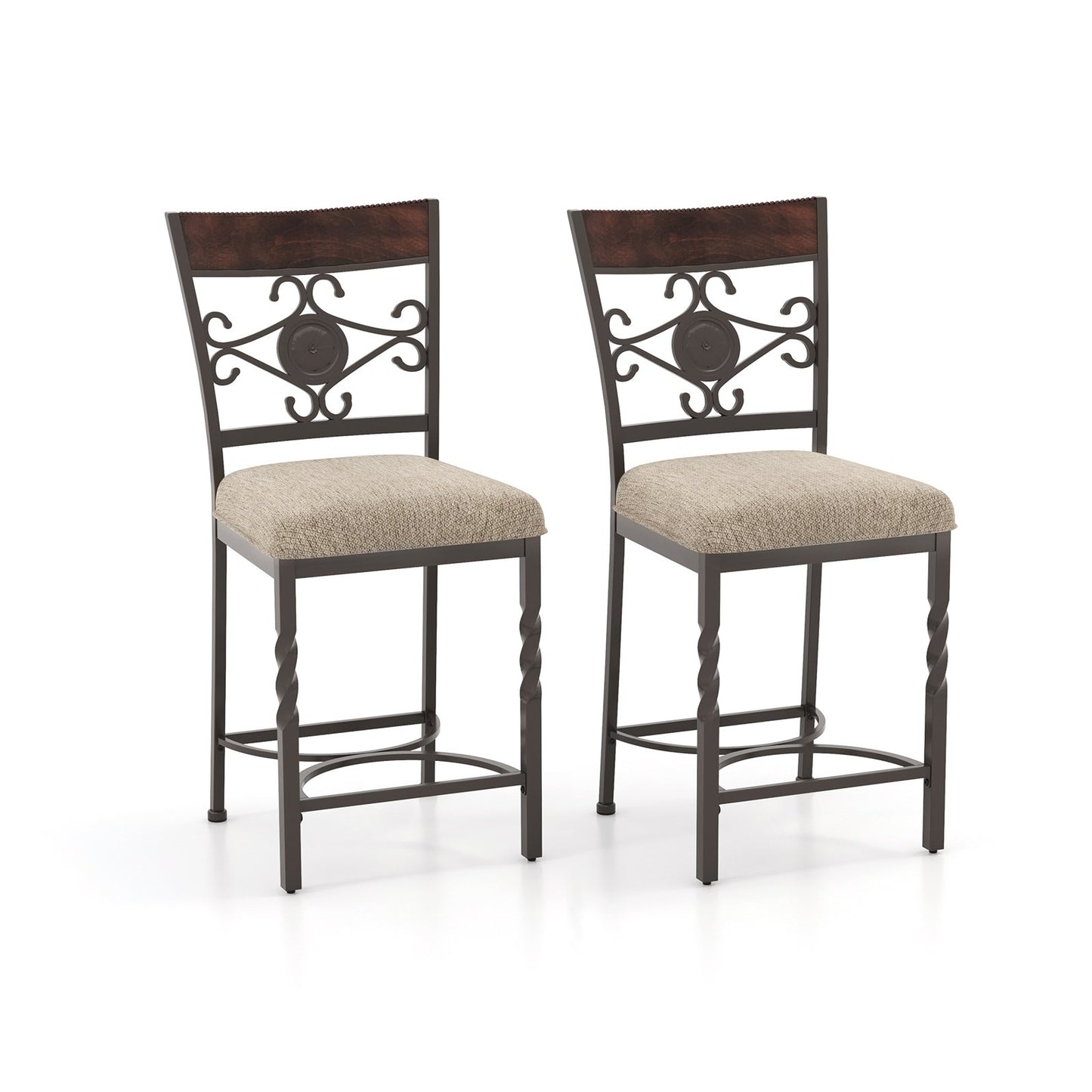 Set of 2 25-inch brown bar stools with rust-proof metal frames and soft sponge seats, ideal for kitchen and dining areas.