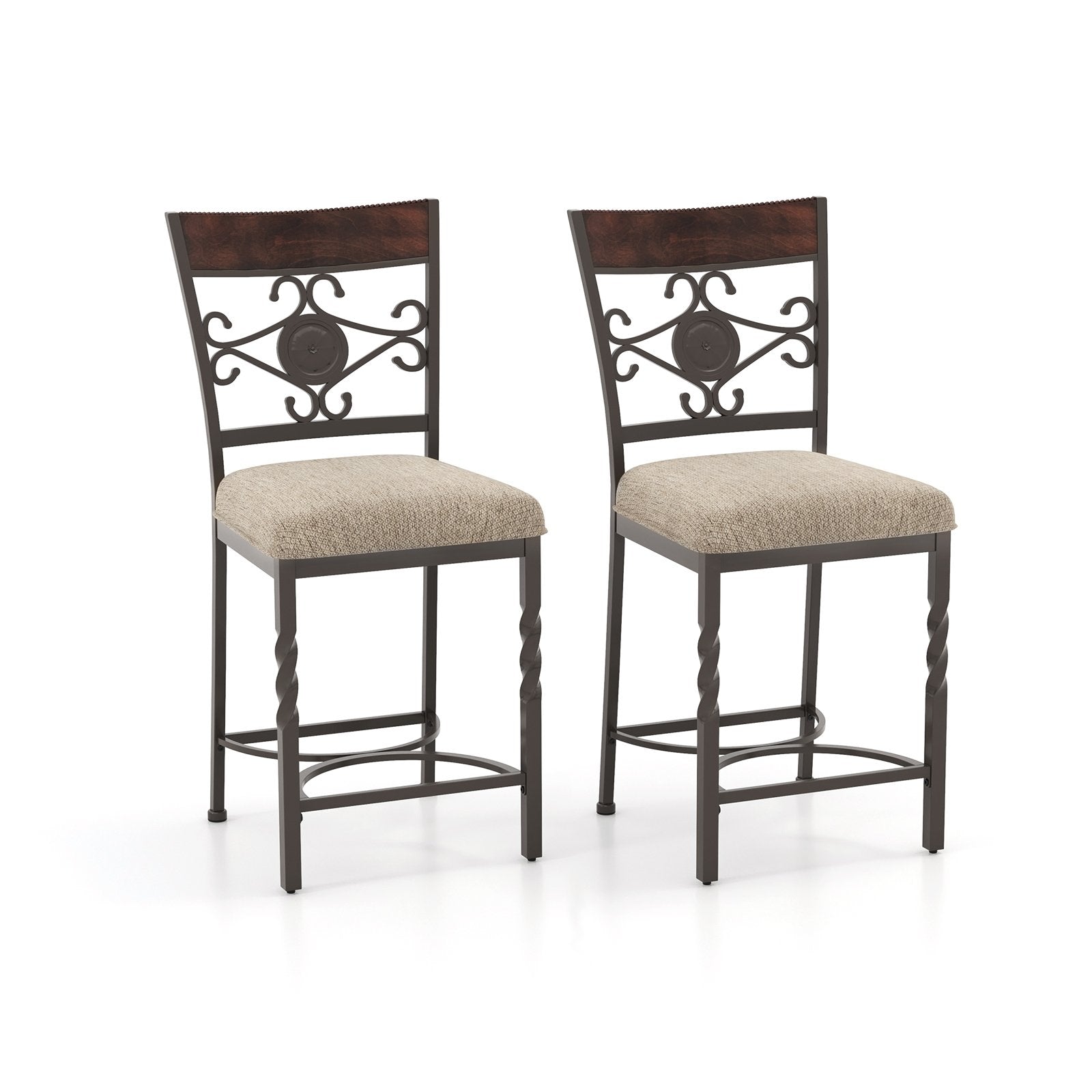 Set of 2 25-inch brown bar stools with rust-proof metal frames and soft sponge seats, ideal for kitchen and dining areas.