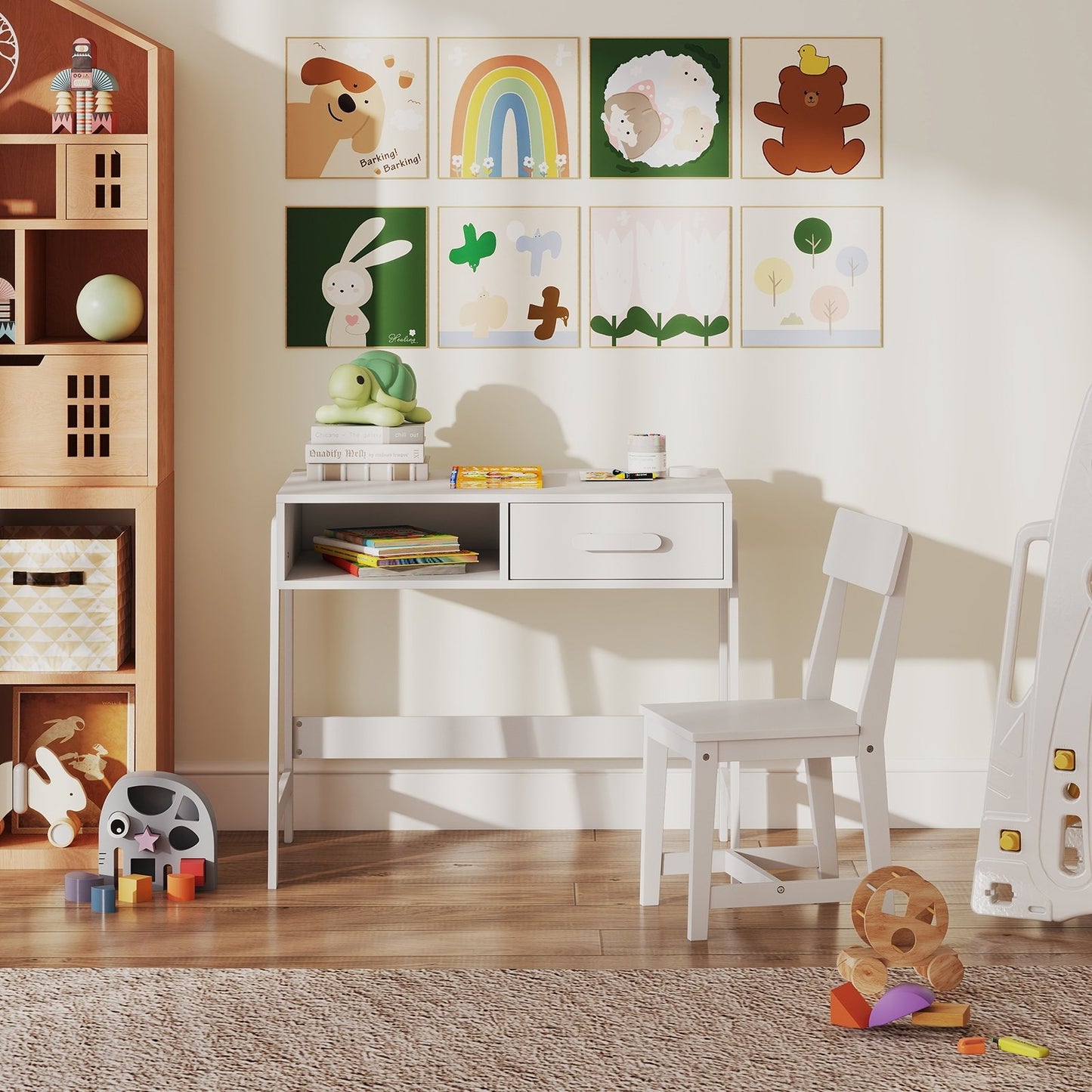Kids Desk and Chair Set with Storage Drawer and Hutch-Brown