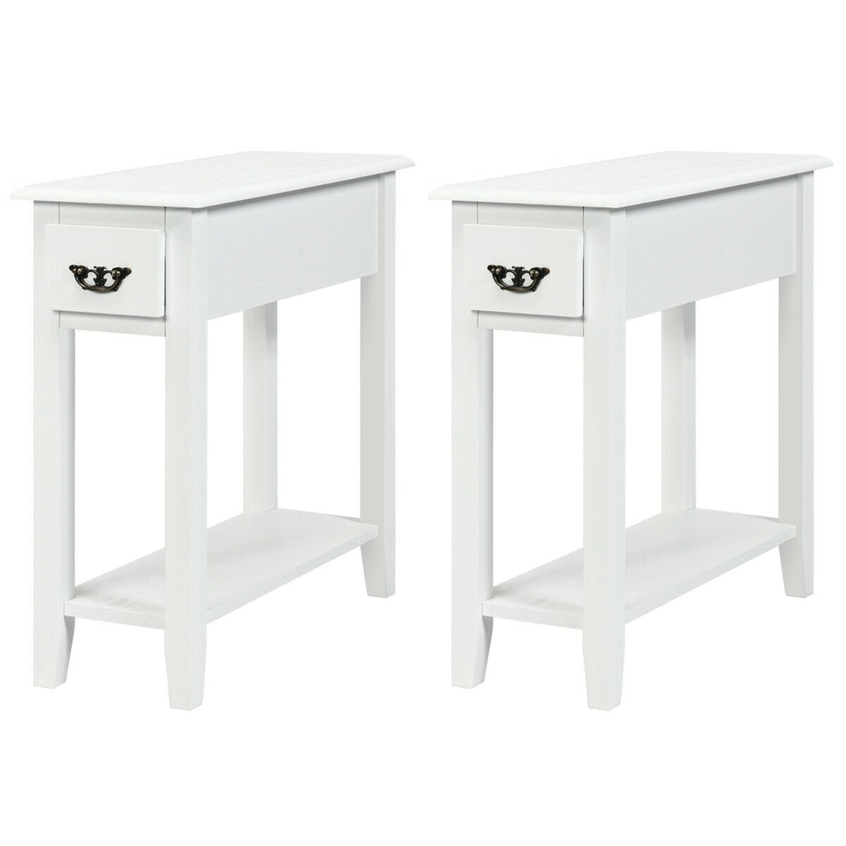 2 Pieces 2 Tier Sofa Side End Table with Drawer and Open Shelf-Black