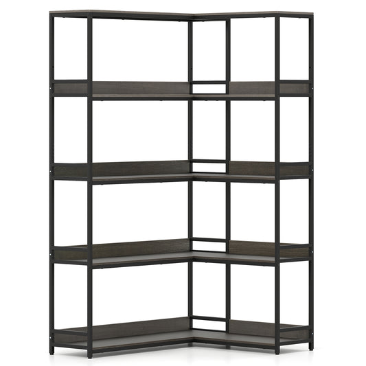 Corner Bookshelf 5-Tier L-Shaped Bookcase Etagere Bookshelf with Metal Frame-Oak