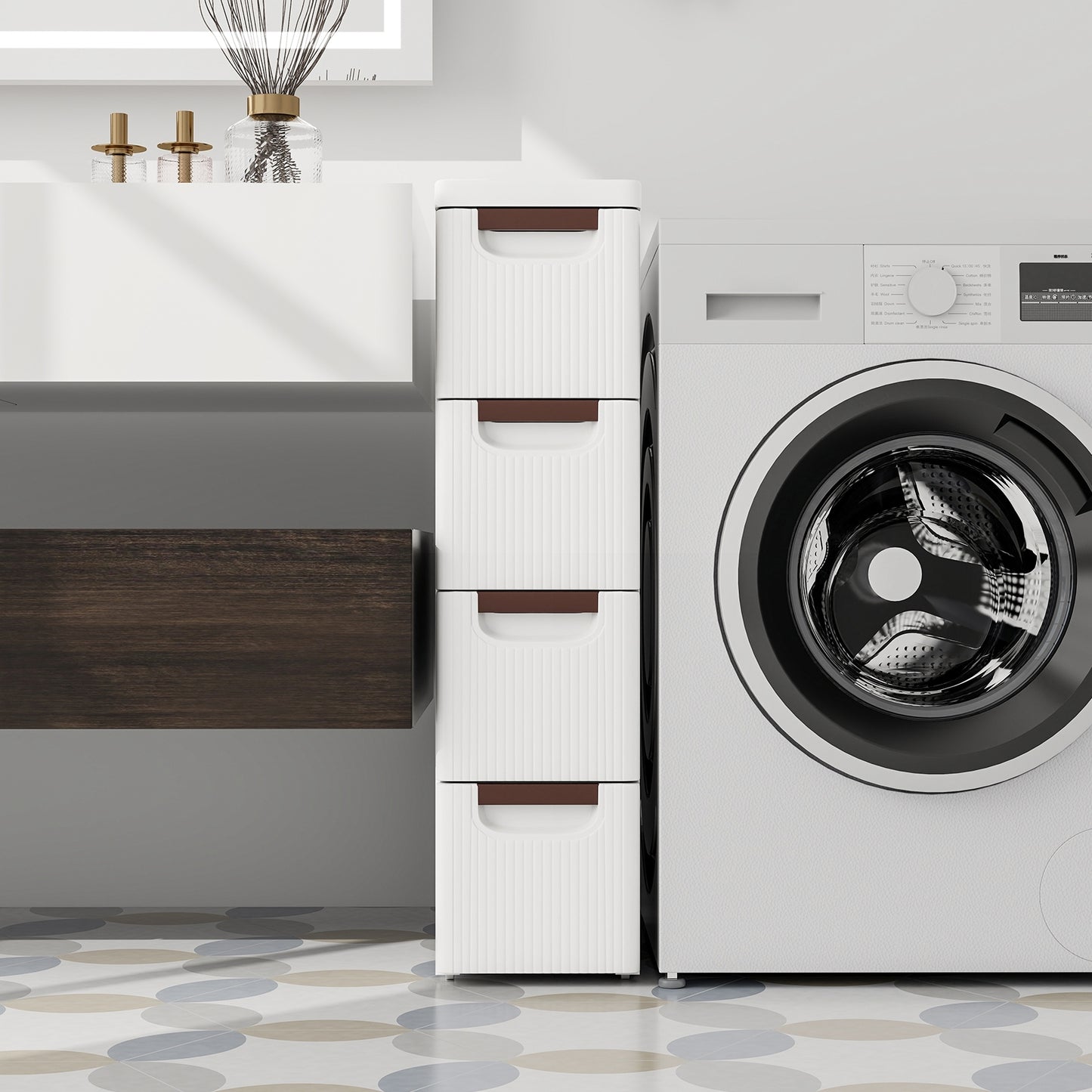 Narrow 4-drawer rolling storage cabinet with built-in wheels, ideal for small bedrooms or closets, by Wilsons Home Store.