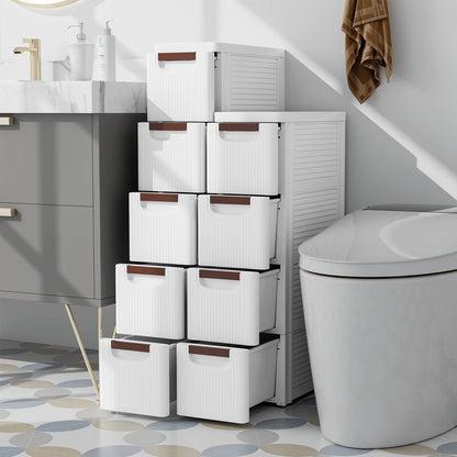 Narrow 4-drawer rolling storage cabinet by Wilsons Home Store, compact dresser with built-in wheels for small space organization