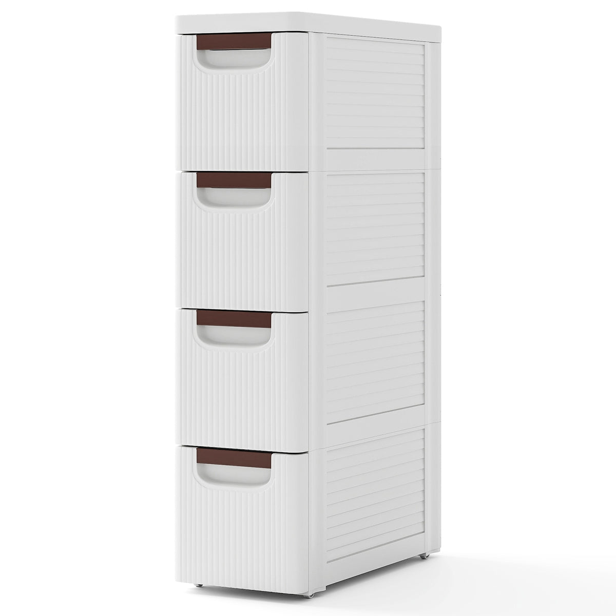 Narrow 4-drawer rolling storage cabinet with built-in wheels, ideal for small bedroom spaces, by Wilsons Home Store.