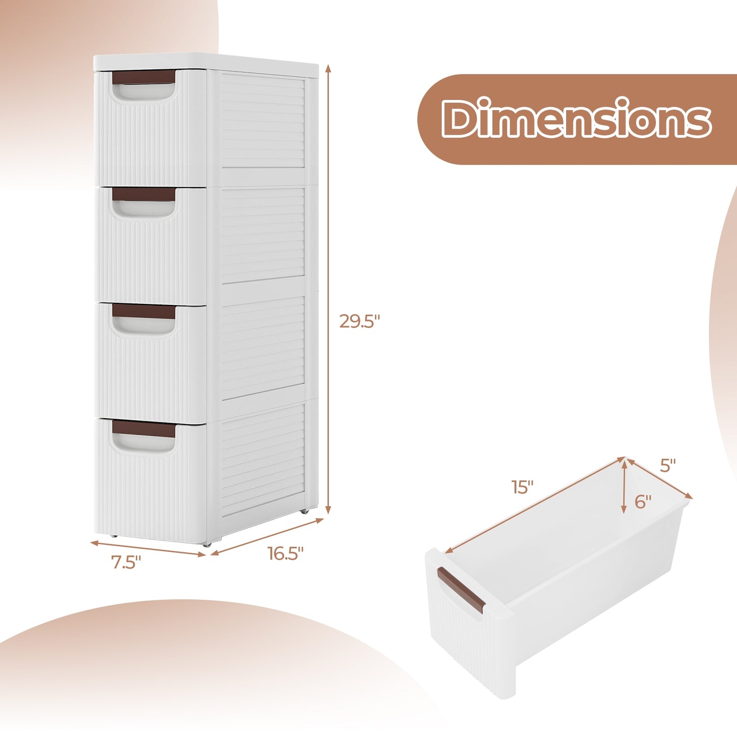 Narrow 4-drawer rolling storage cabinet with built-in wheels, ideal for small bedrooms or closets, by Wilsons Home Store.