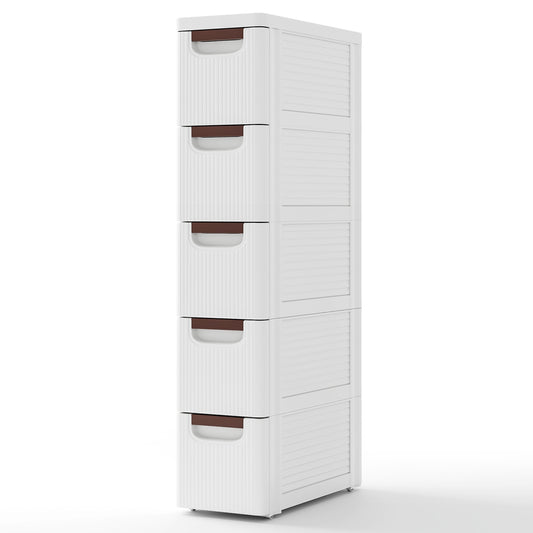 Narrow 5-drawer rolling storage cabinet with built-in wheels, compact furniture for small bedroom or closet organization.